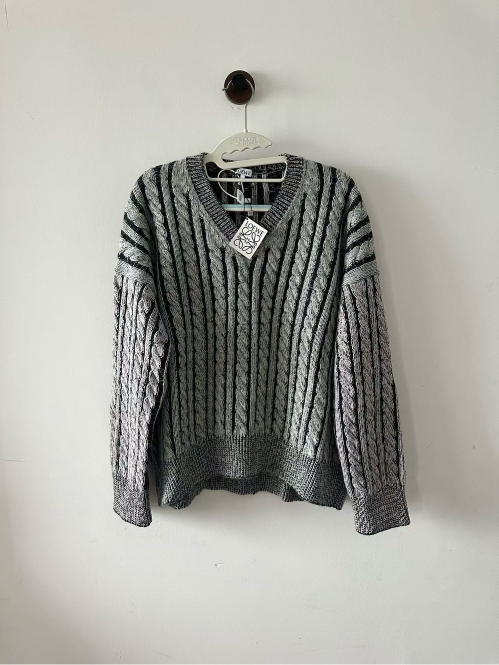 Loewe Gray and Black Cable Knit Sweater with Leather Logo Patch